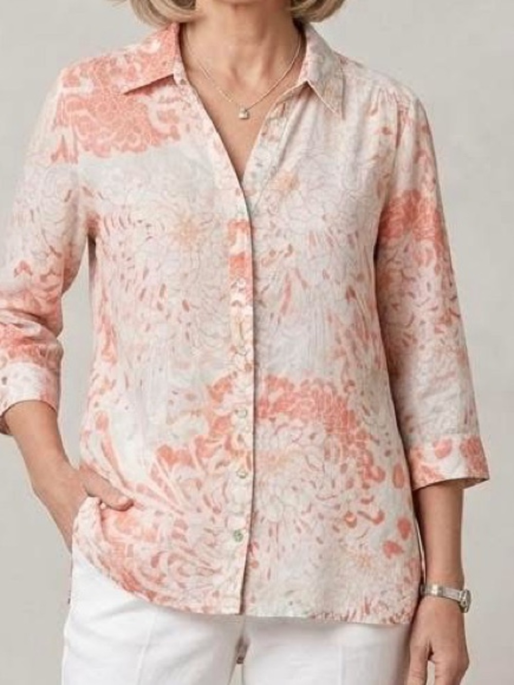 Chicos size 3 100% linen Light Peach Floral Print Button-Front Women's Shirt